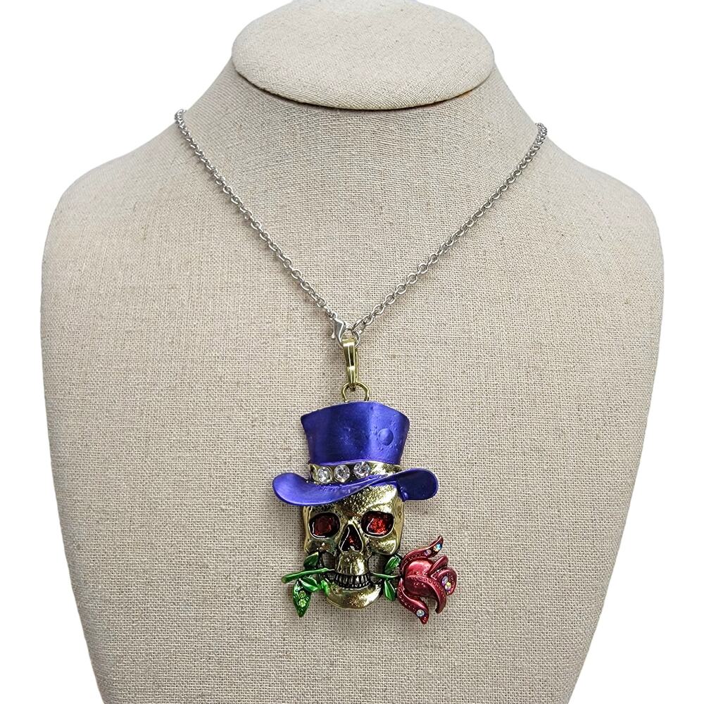 Gothic Skull Purple Top Hat Rose Pendant Necklace Steampunk Biker Rocker Chain